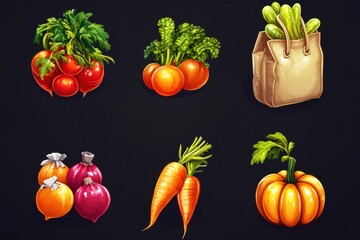 Farm game icon with vegetable. Ui food product and bag for supermarket or mobile casino slot