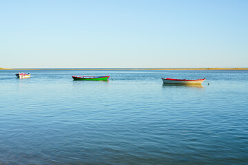 Serene seascape with boats gently drifting under a clear sky.