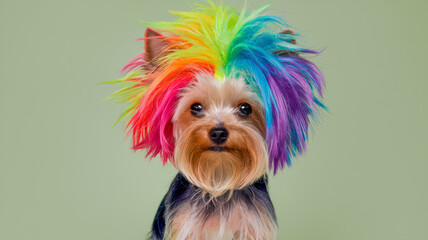 A small dog with a vibrant, multicolored hairdo.