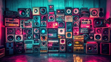 Retro audio wall, neon lights, music, studio, party background