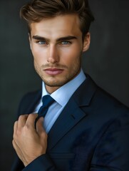 Young man in formal attire poses confidently with a serious expression