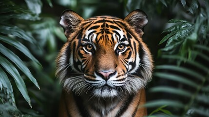 Majestic tiger portrait, jungle foliage, intense gaze, wildlife conservation