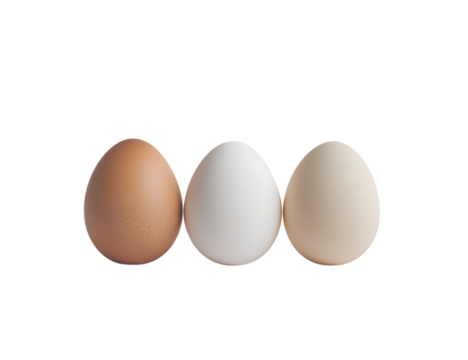Close up of three chicken eggs, showcasing variations in shell color.