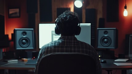 Professional video editor in the private workspace with a computer screen