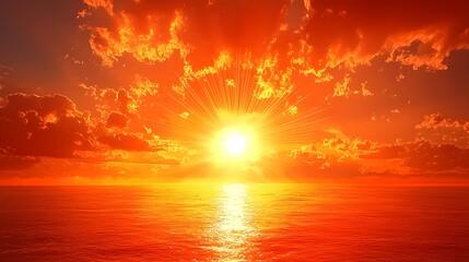 A stunning sunset over a calm ocean, with vibrant orange and gold hues illuminating the sky and reflecting on the water, creating a serene and warm atmosphere.