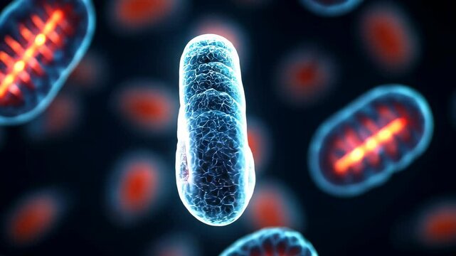A mitochondrion emitting glowing energy beams, representing the active conversion of glucose to ATP during metabolism.