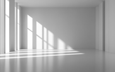 Obraz premium Bright, minimalistic interior room with sunlight streaming through large windows, creating shadows