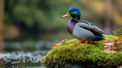 Obraz premium Mallard duck on mossy rock by autumn river