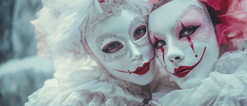 Two people wearing white clown masks with red lips and painted tears, embracing in a close up portrait Concept of masquerade, fantasy, and theatrical performance