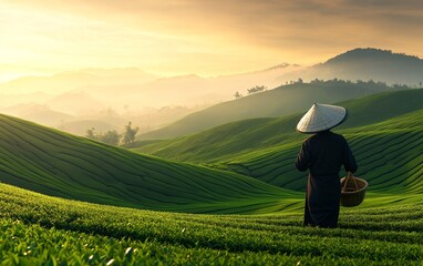Serene landscape of a farmer harvesting tea leaves at sunrise in lush green hill with misty mountains