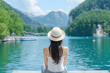 A woman wearing a white hat is sitting on a ledge by a lake