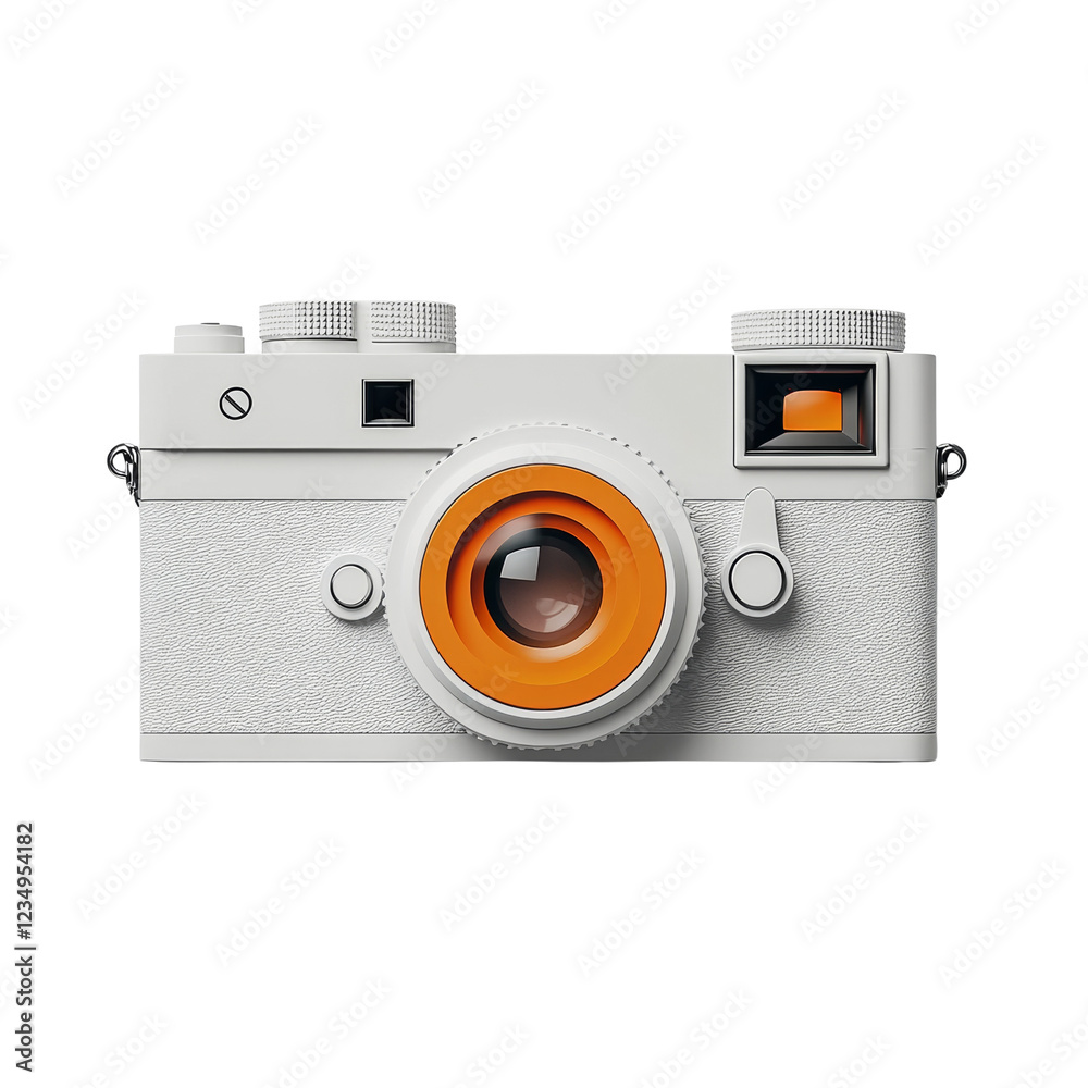 Poster the image shows a front view of a minimalist white rangefinder style camera with orange lens accents
