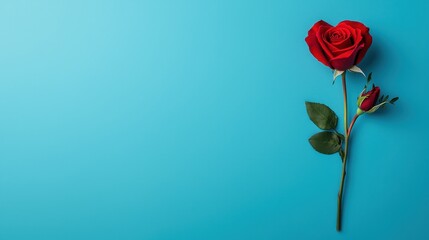 Obraz premium Red rose on a blue background with a budding flower nearby.