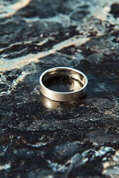 Close-up of a silver ring on a textured dark surface.