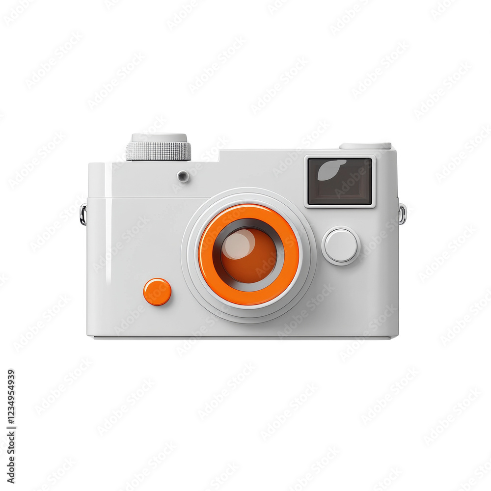 Poster The image shows a 3D rendering of a minimalist white camera with bright orange accents on the lens and buttons.
