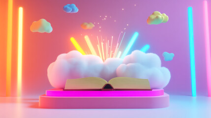 Vibrant book opening celebration colorful 3d animation in a creative digital space