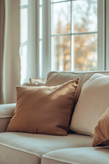 Close-up of a beige sofa with pillows in a modern minimalist living room.