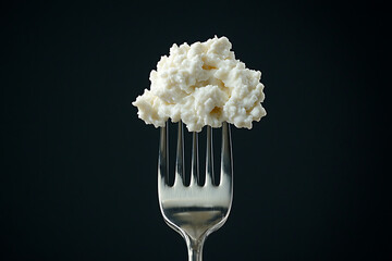 Cottage cheese on a fork against black background