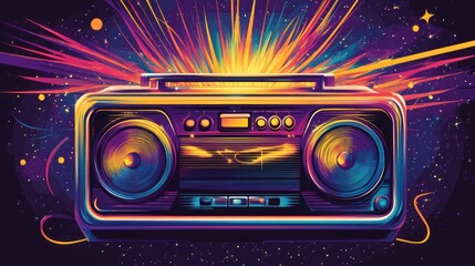 Fototapeta premium Retro boombox cosmic explosion; vibrant 80s music poster