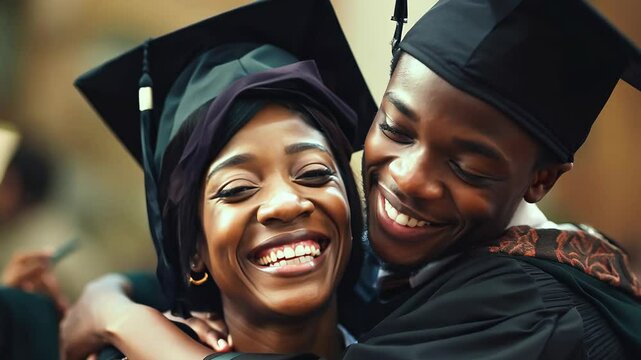 Happy smiling guy black african american with mother, student and diploma on graduation outdoors, blue sky and pride in education celebration. Man and college or university degree for achievement, gra