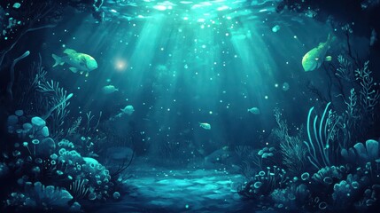 Fototapeta premium Sunlit Ocean Floor Scene With Fish and Coral