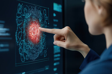 person interacts with digital interface displaying complex neural network diagram, highlighting central red node, symbolizing data analysis or artificial intelligence
