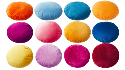 Twelve colorful round velvet cushions isolated on transparent background