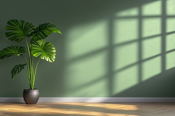 Fototapeta premium Sunlit green plant in pot against a shadowed wall.