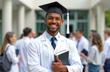 Graduation medical concept. Happy smiling male doctor on university background. Young afroamerican man in black graduation hat with tassel and medical robe