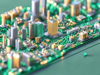 A miniature cityscape resembling a smart city is designed on a green circuit board, symbolizing the integration of technology and urban life.