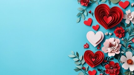 Colorful paper hearts and flowers on a blue background.