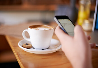 Hand, phone and man in coffee shop, typing text or writing review with screen closeup. Cafe table, mobile or chat notification, communication or influencer with message on social media profile online