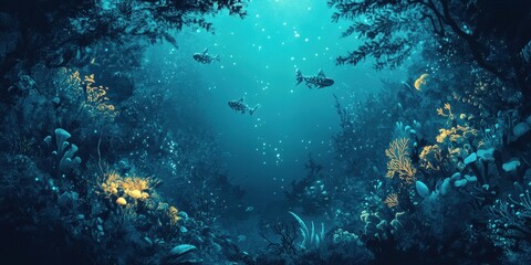Fototapeta premium Underwater Fantasy Realm With Bioluminescent Coral And Fish
