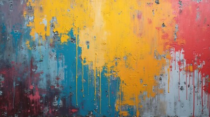 Fototapeta premium A Bold and Colorful Abstract Painted Wall Background With Dripping Yellow, Blue, and Red Paint.