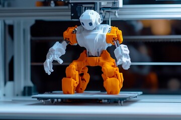 Fototapeta premium Innovative robot emerges from 3D printer in a modern tech workshop at sunset