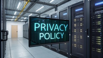 Data Center with Privacy Policy Signage - A modern data center showcasing servers with a prominent privacy policy sign, emphasizing data protection and security measures.