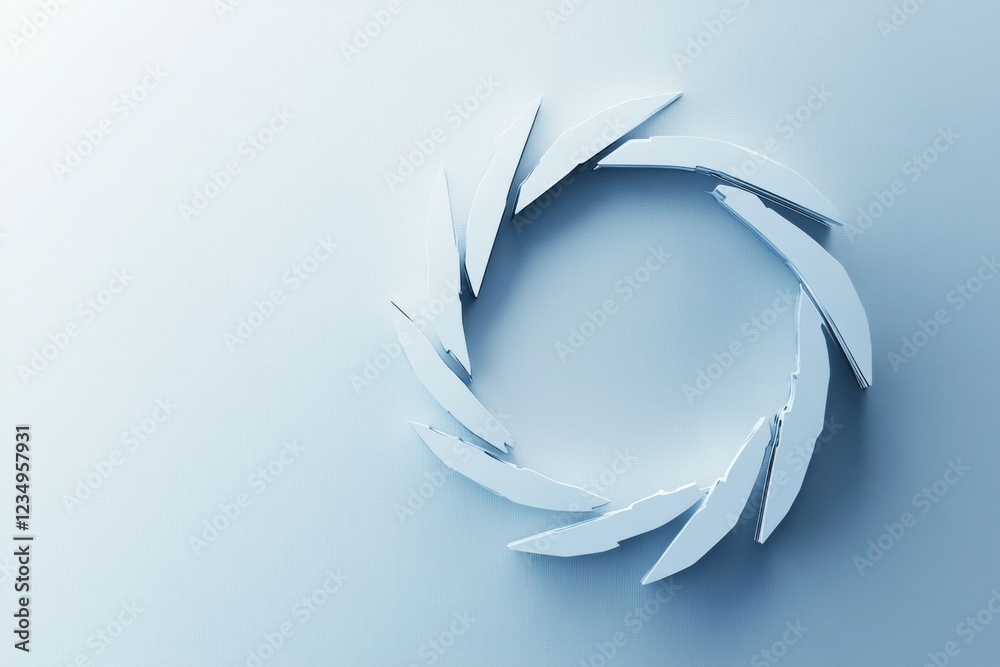 Poster circular arrangement of sharp, broken glass pieces on a light blue background showcasing artistic fr