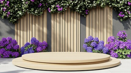 Wooden podium, floral backdrop, outdoor display, sunlight, product presentation