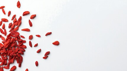 A handful of uncooked dried goji dates berries grains scattered neatly on a plain white background top view
