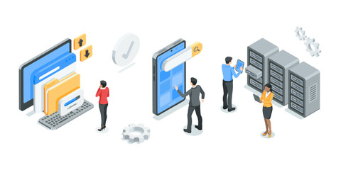 isometric vector people working with data near ccomputer and smartphone, in color on white background, cloud data storage or server technology