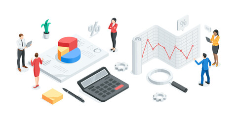 Fototapeta premium isometric vector business men and women work in team with statistics, in color on white background, financial data analysis and processing