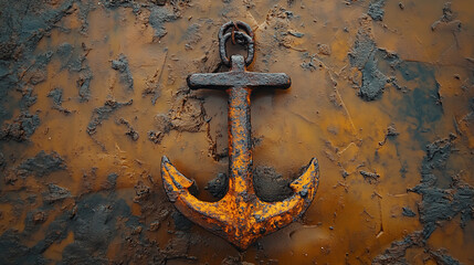 Rustic anchor with weathered yellow paint against textured wall background showing maritime heritage and nautical decoration concept