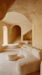 A serene living room with minimalist beige decor, featuring curved furniture and arches that create a warm, calming atmosphere.