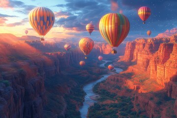 Obraz premium Hot Air Balloons Soaring Over Canyon River Landscape