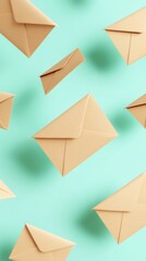 Floating envelopes on a mint green background create a visual of email marketing concepts. The image exudes a modern, minimalist style.