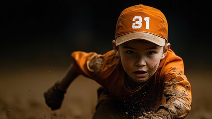 Determined young caucasian male baseball player sliding in mud, wearing orange uniform and cap