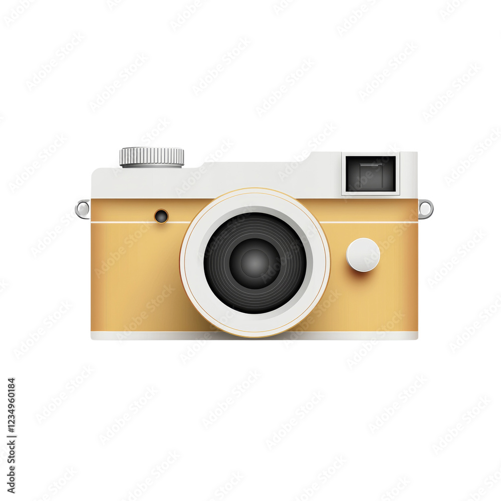 Poster the image shows a digitally rendered illustration of a vintage style camera with a gold body and whi