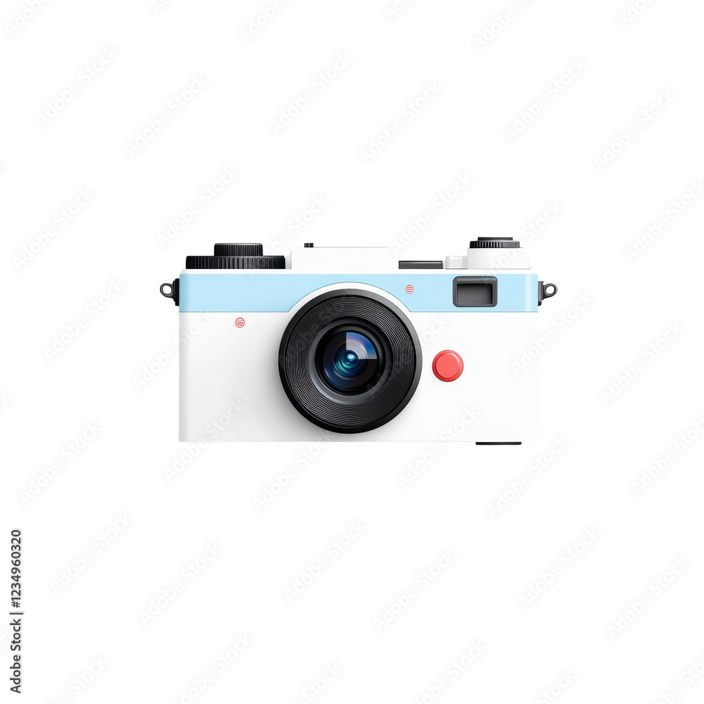 Poster the image shows a front view of a stylish white and light blue camera with a black lens.