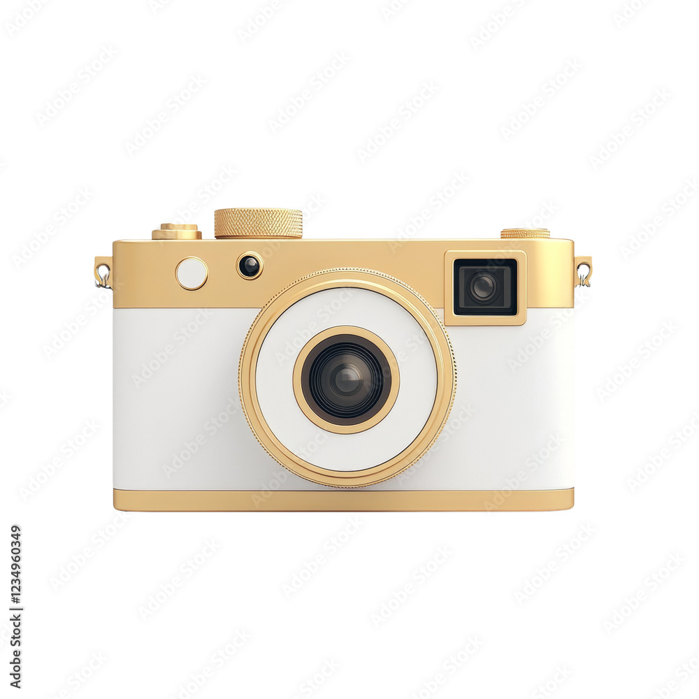 Poster A digital rendering showcases a stylish compact camera with a gold frame and white body, emphasizing its elegant design.