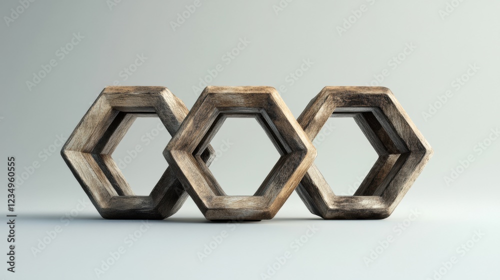 Aufkleber Decorative wooden hexagonal shapes arranged in a modern minimalist style on a light background. Generative AI
